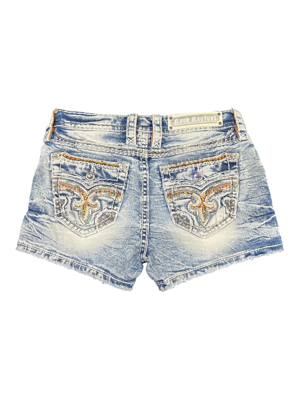 Rock Revival Klayre Easy Stretch Shorts in Blue multi-colored embroidery 26 New